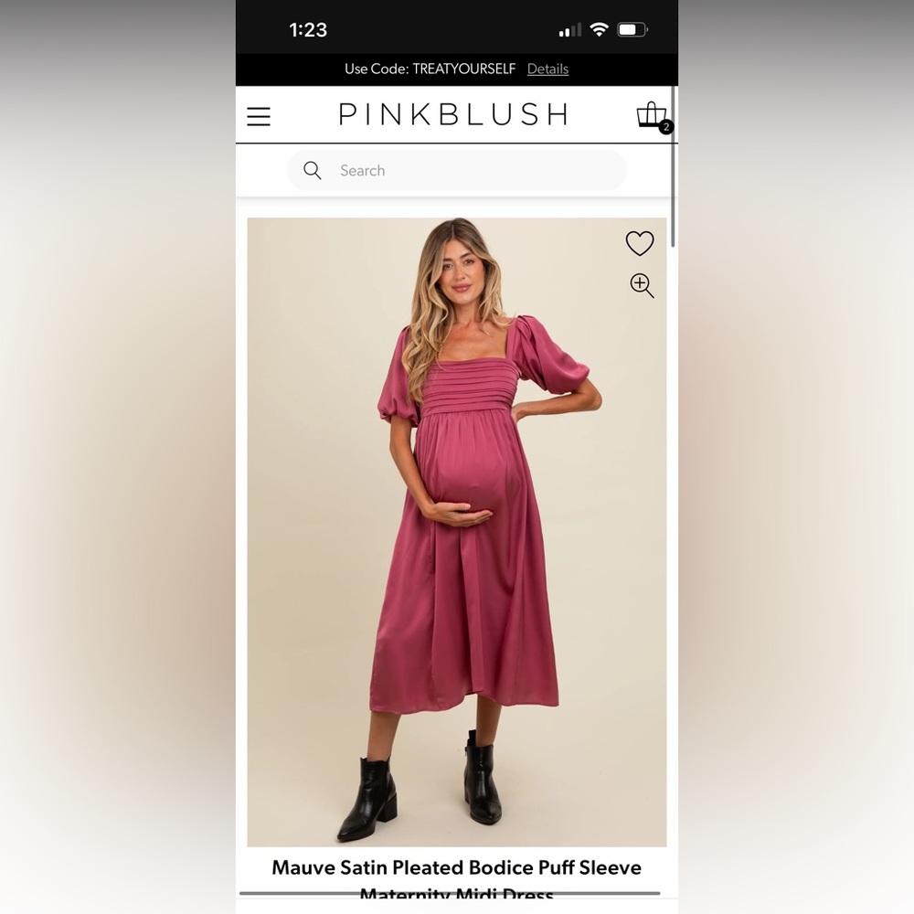 Mauve Satin Pleated Bodice Puff Sleeve Maternity Midi Dress